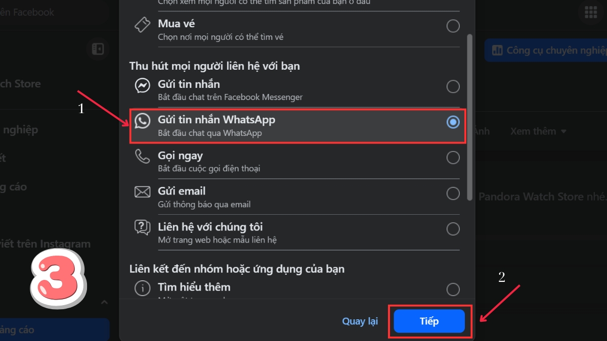 thêm nút "Gửi tin nhắn WhatsApp" vào Fanpage - bước 3